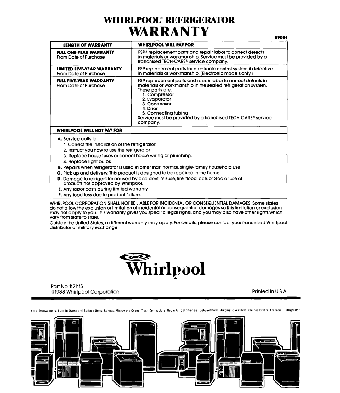 Whirlpool ETl8AK manual Warranty, Whirlpool” Refrigerator 