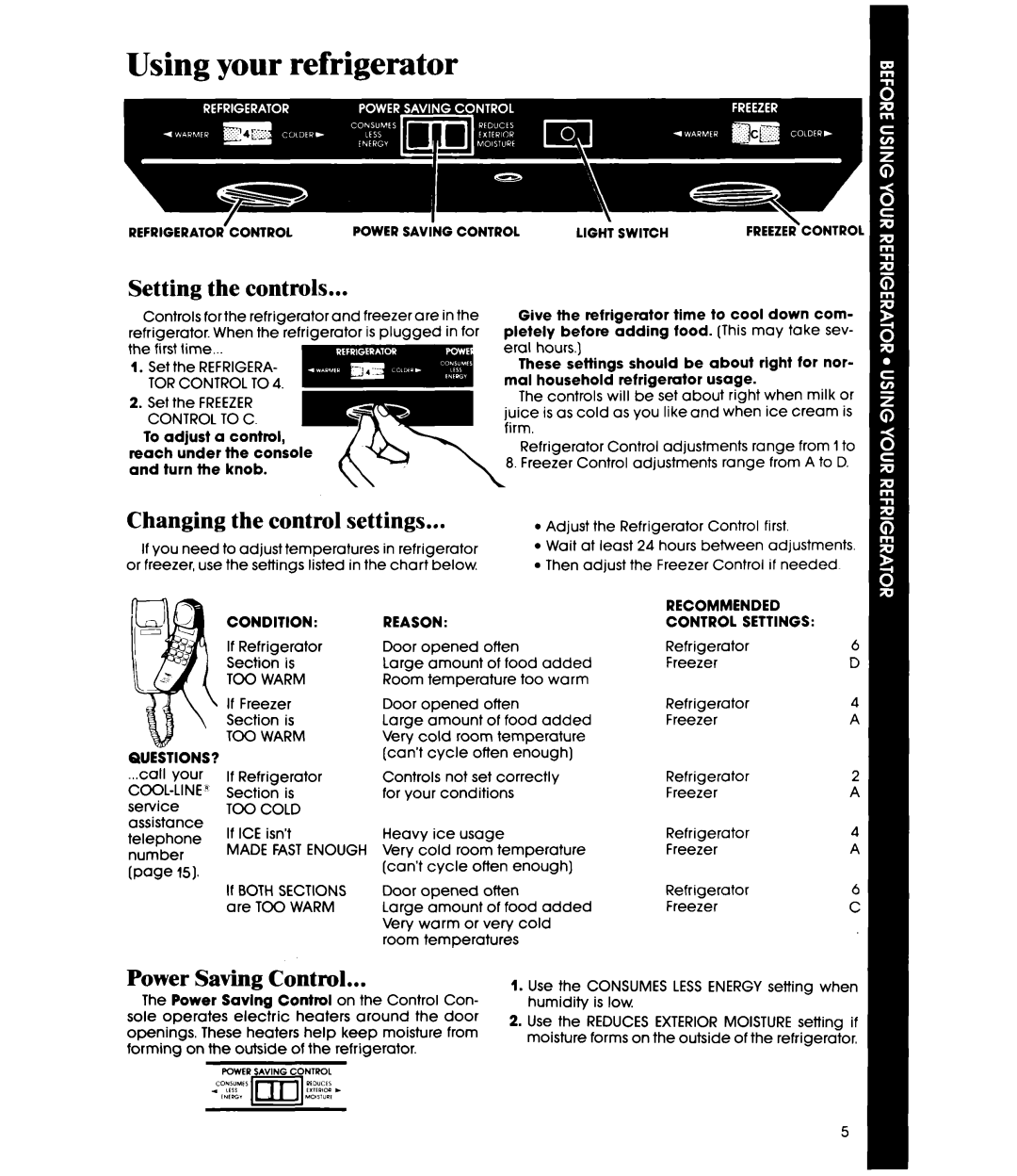 Whirlpool ETl8AK manual Using your refrigerator, the controls, settings, Power Saving Control, page, Setting, Changing 