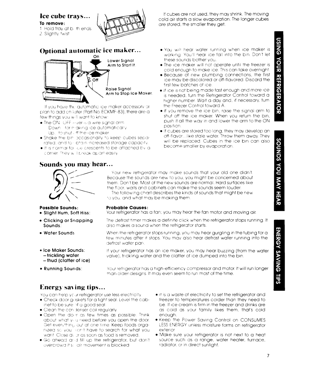 Whirlpool ETl8CK manual Ice cube trays, Optional automatic ice maker, Sounds you may hear, Energy sal ing tips 