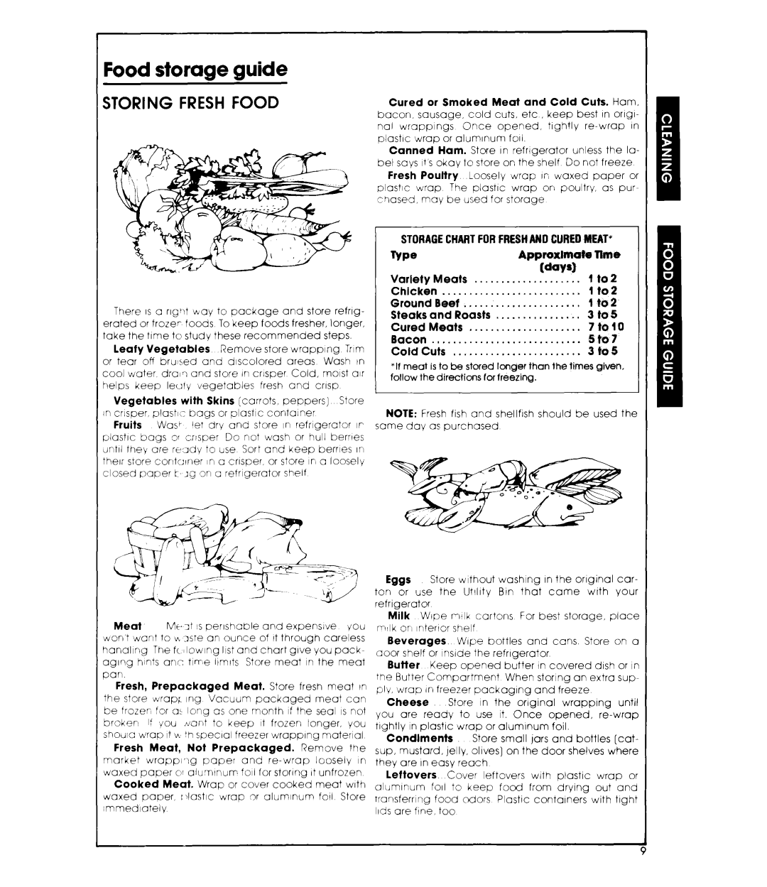 Whirlpool ETl8CK manual STORAGECHAHTFORFRESHARDCUt?iWMEAT’, Variety Meats To2, Steaks, Staf, Cold Cuts To5 