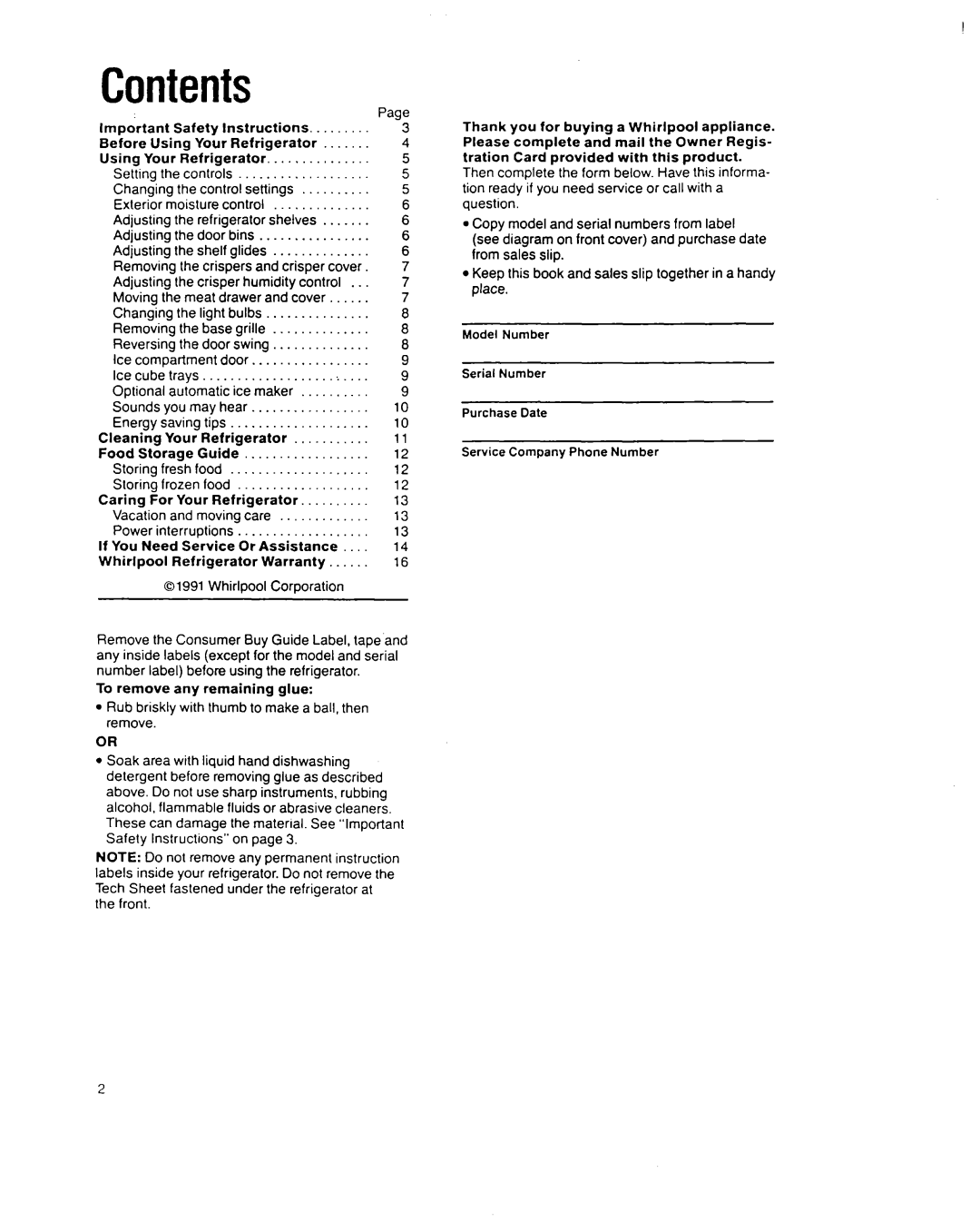 Whirlpool ETl8DK, ET18RK manual Contents 