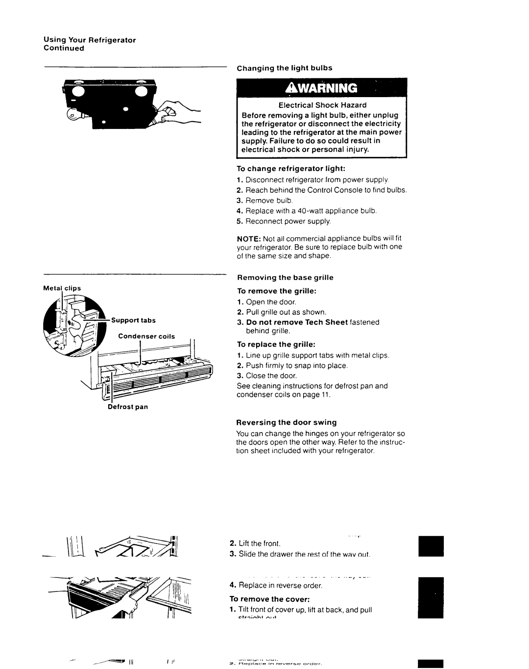 Whirlpool ETl8DK Light, Shock Hazard Before removing a light bulb, either unplug, Electricity, At the main power, Power 