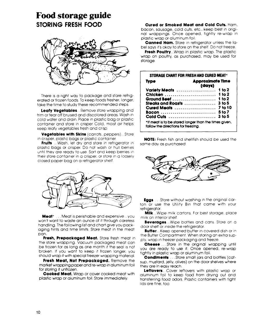 Whirlpool ETl8EK manual Food storage guide, Storagechartforfresham Curedmeat 