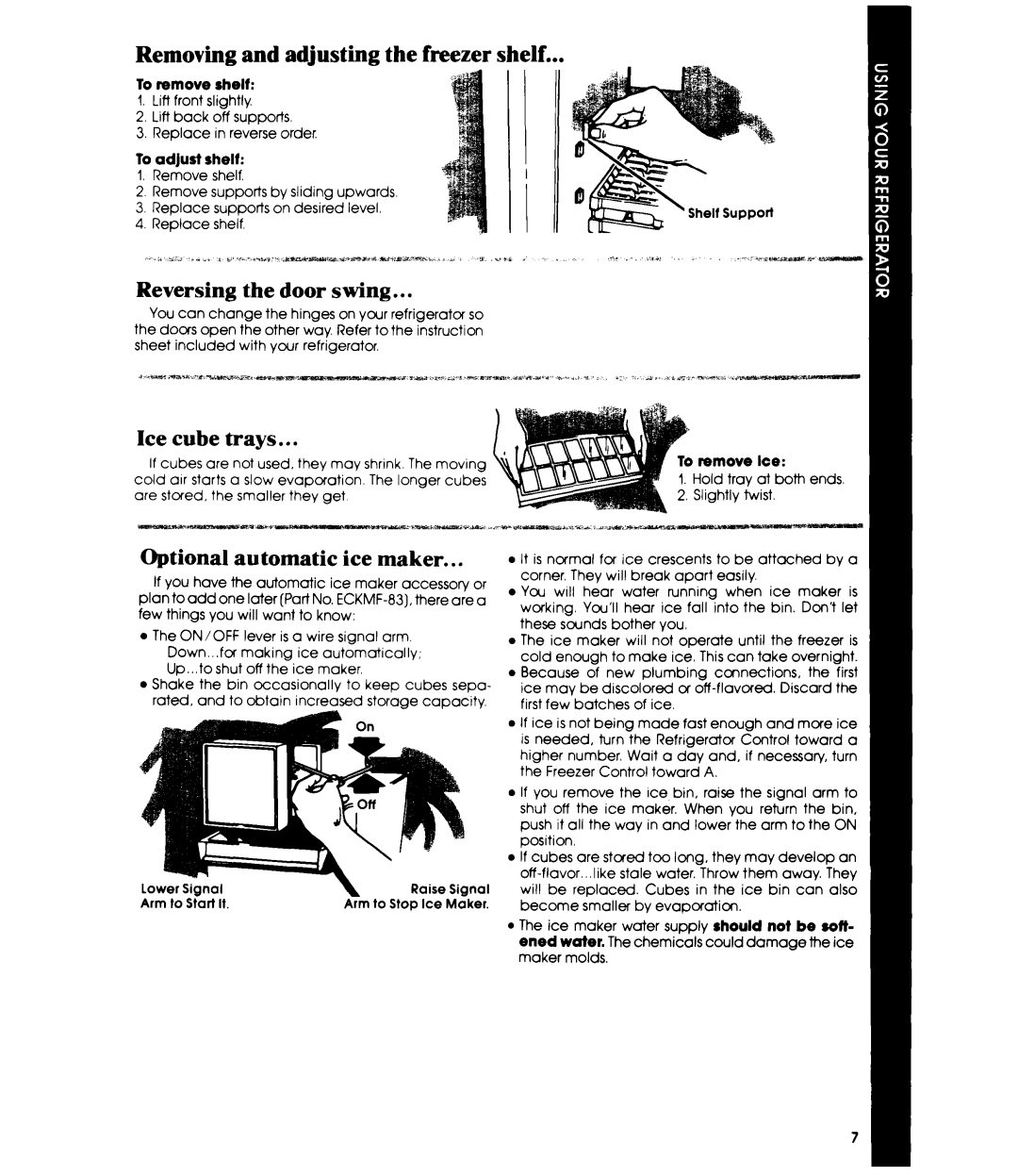 Whirlpool ETl8EK manual Removing and adjusting the freezer shelf, Reversing the door swing, Ice cube trays 