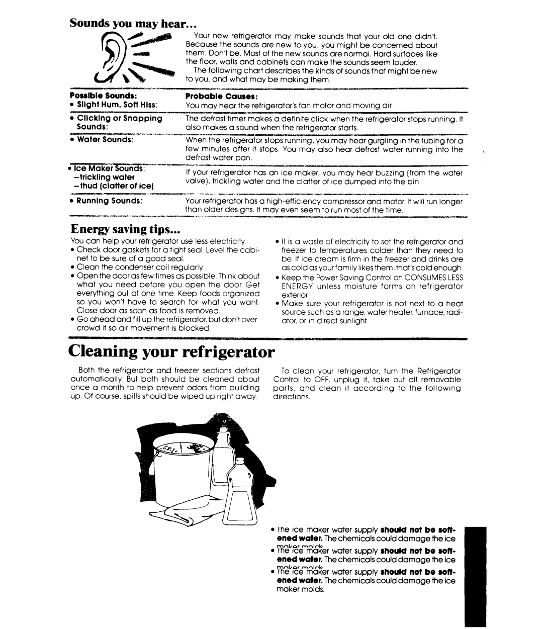 Whirlpool ETl8EK manual Cleaning your refrigerator, Sounds you may hear, Energy saving tips, Poulble Sounds Probable 