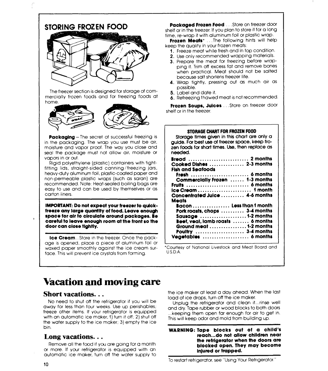 Whirlpool ETl8JK manual Vacation and moving care, Short vacations, Long vacations, Storagechartforfrozenfood 