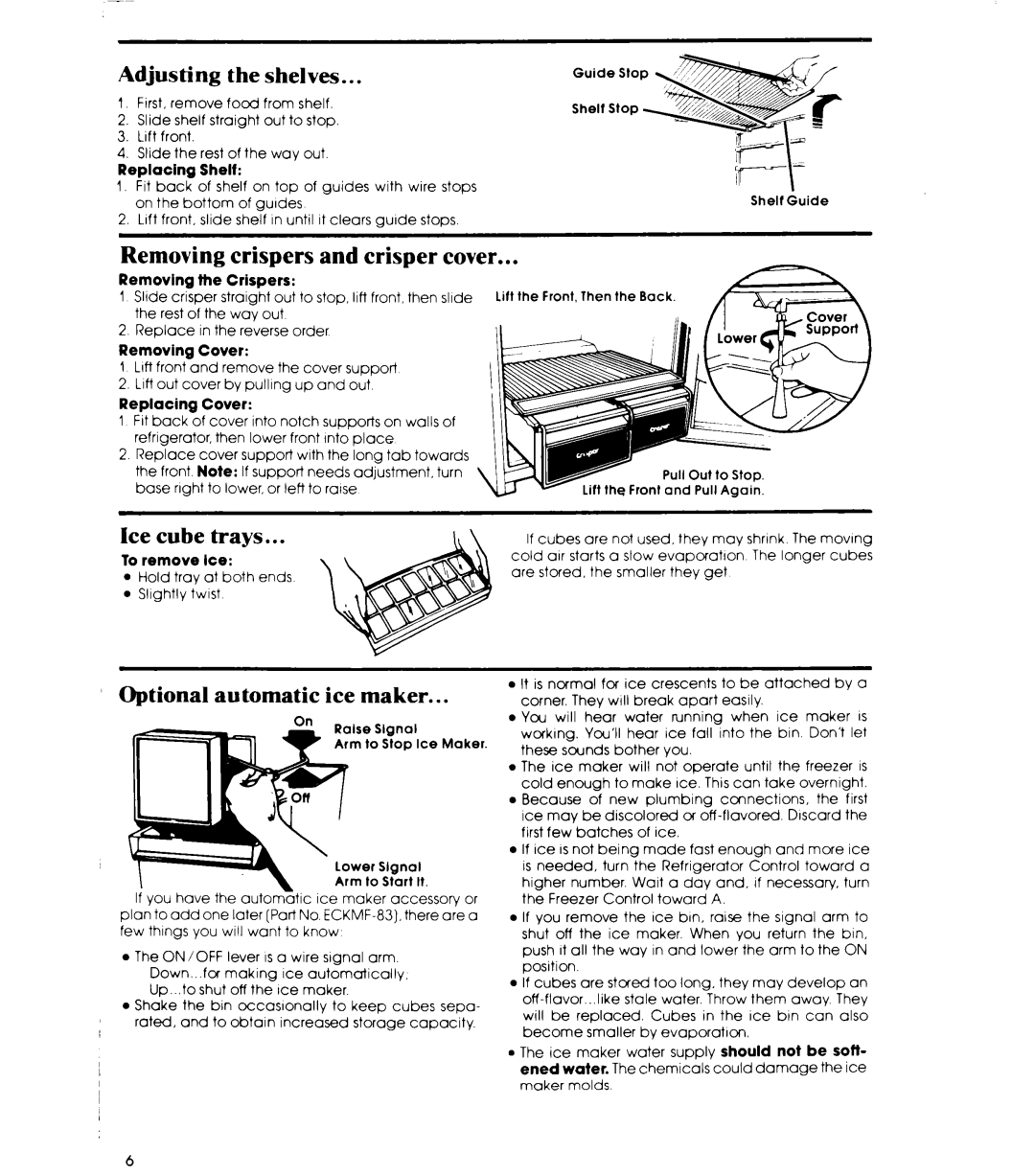 Whirlpool ETl8JK Removing crispers and crisper cover, Adjusting the shelves, Ice cube trays, Optional automatic ice maker 