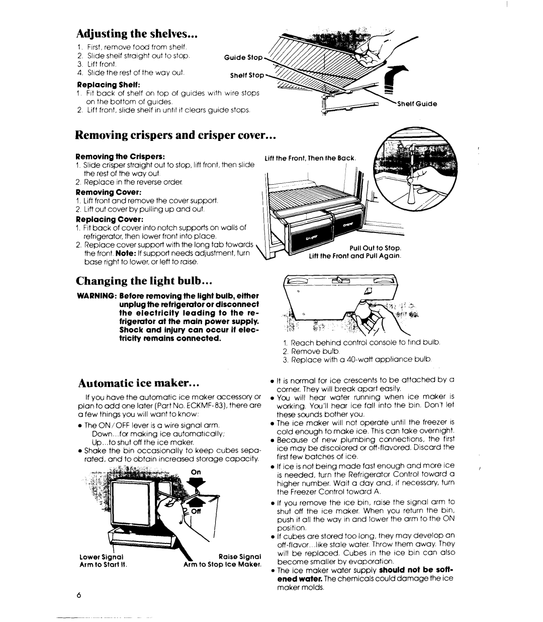 Whirlpool ETl8JM Adjusting the shelves, Removing crispers and crisper cover, Changing the light bulb, Automatic ice maker 