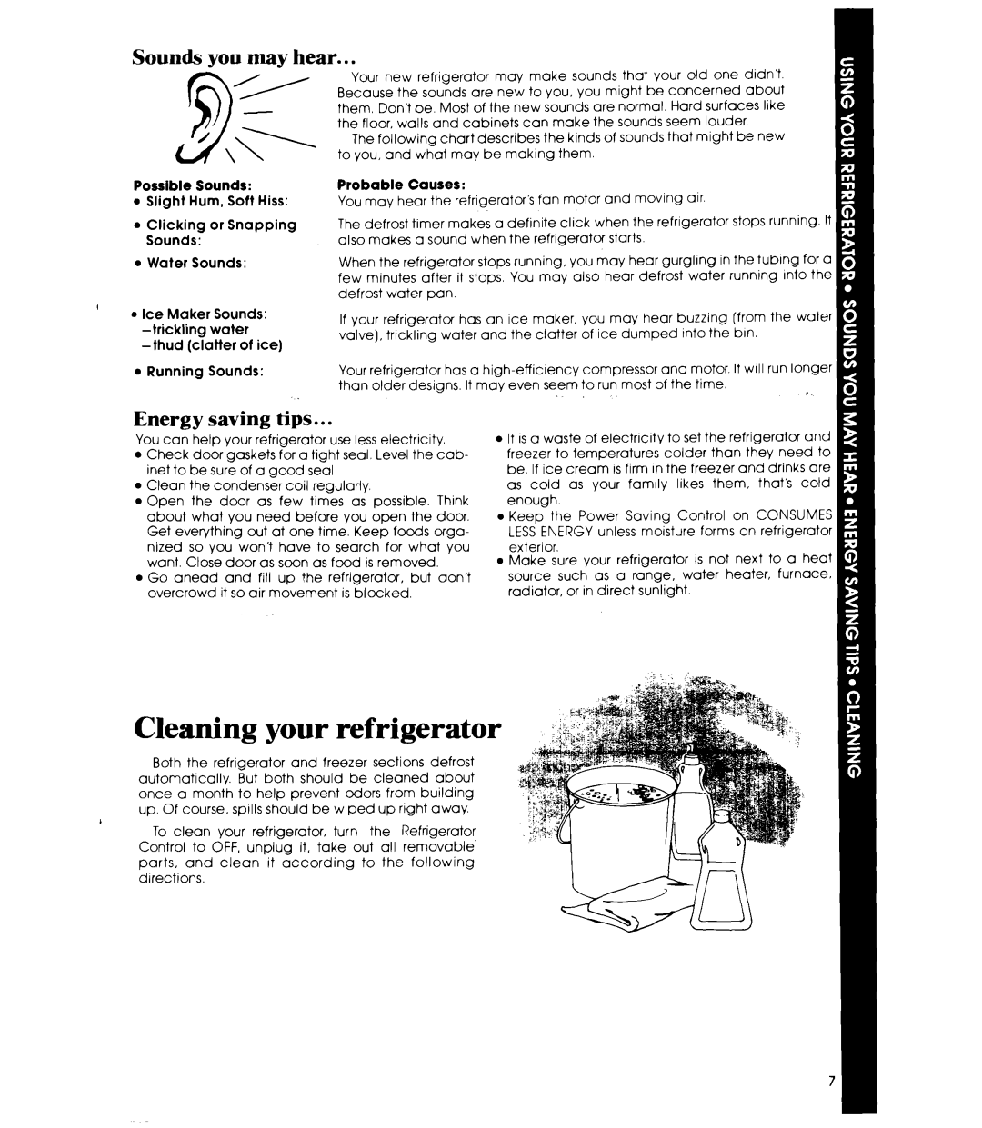 Whirlpool ETl8JM Cleaning your refrigerator, Sounds you may heal, Energy saving tips, Possible Sounds, Probable Causes 