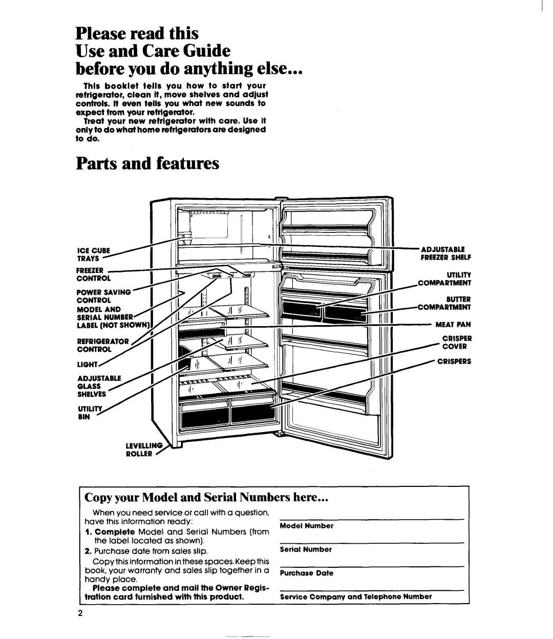 Whirlpool ETl8MK manual Before you do anything else, Parts and features, Copy your Model and Serial Numbers here 