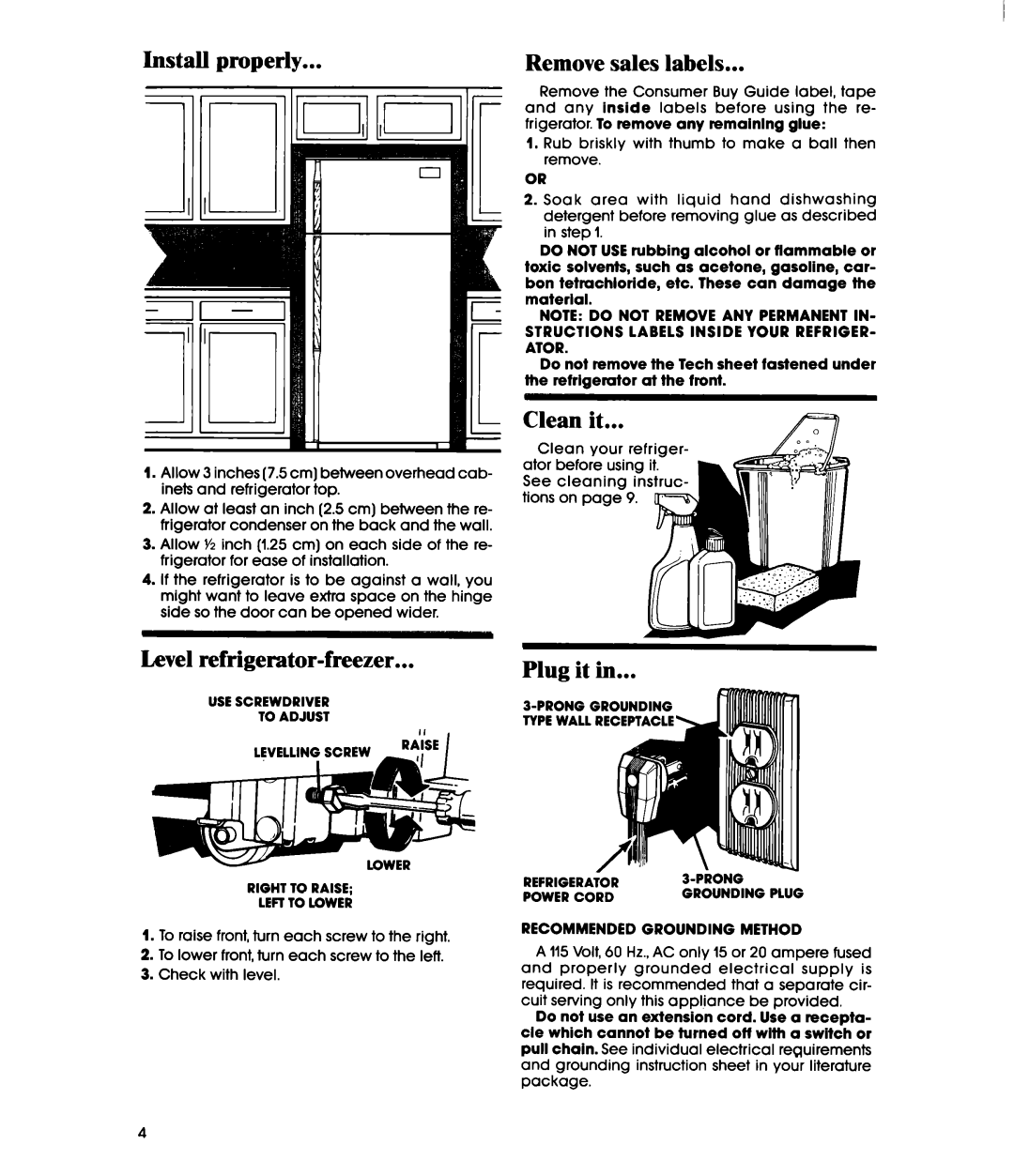 Whirlpool ETl8MK manual Remove sales labels, Clean it, Level refrigerator-freezer, Plug it, Recommended Grounding Method 