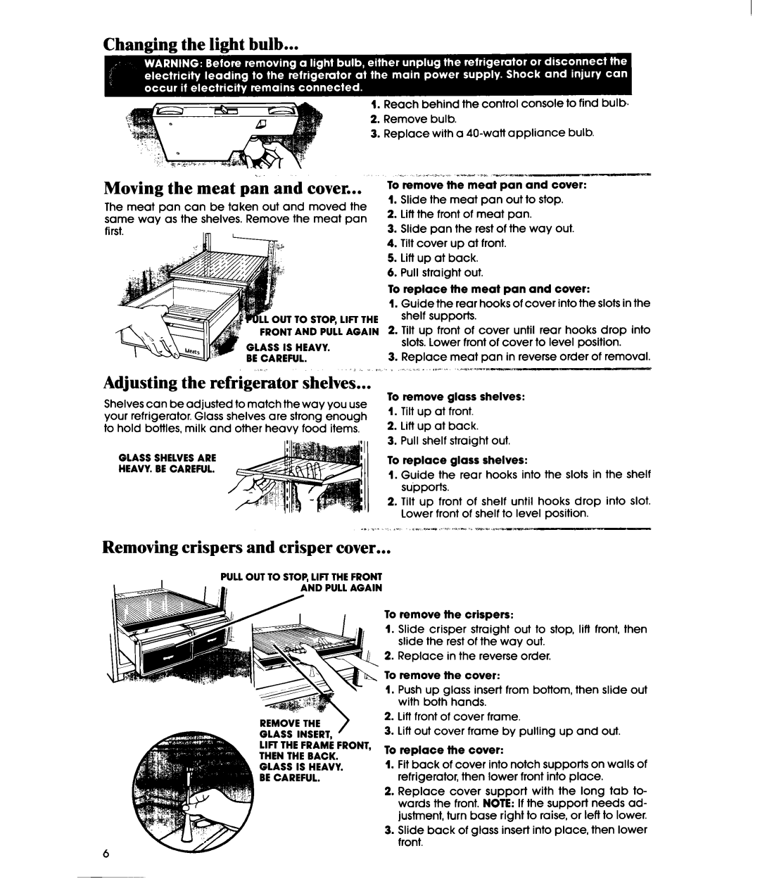 Whirlpool ETl8MK manual Moving the meat pan and cover, Removing crispers and crisper cover 