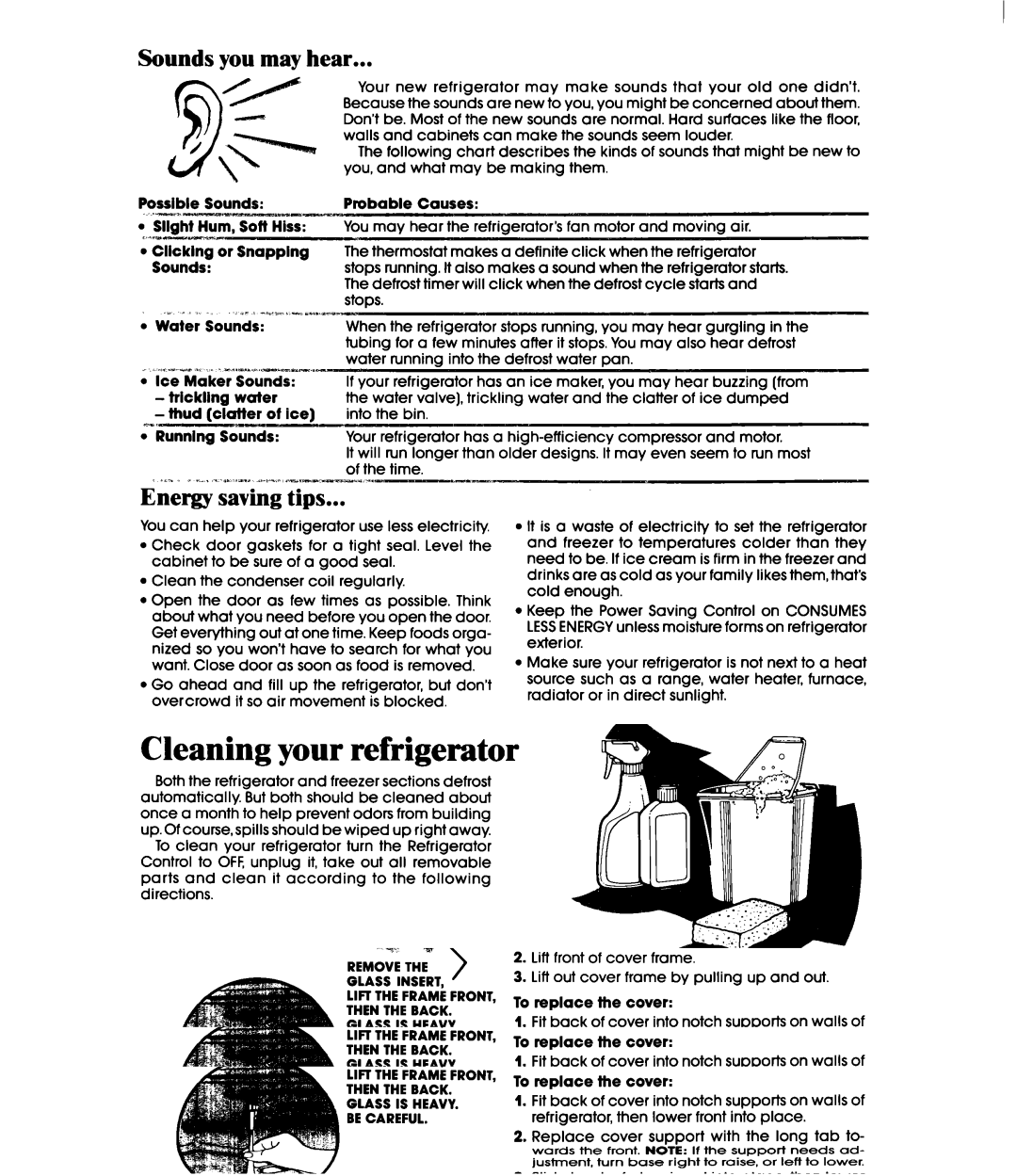 Whirlpool ETl8MK manual Cleaning your refrigerator, Sounds you may hear, Energy saving tips 