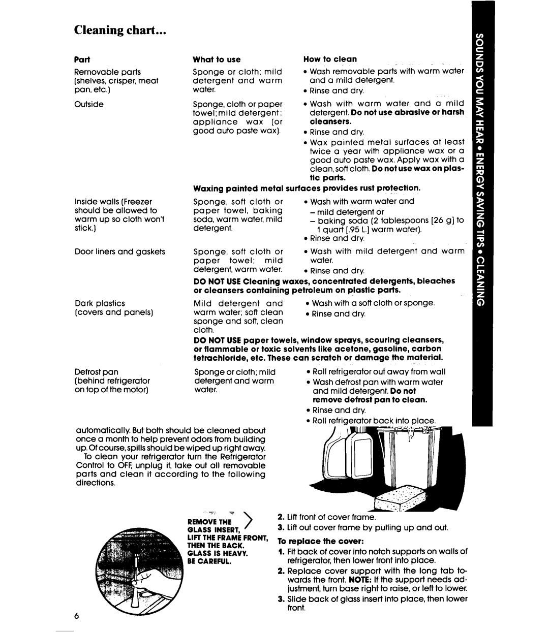 Whirlpool ETl8MK Cleaning chart, Part, What to use, How to clean, Waxing painted metal surfaces provides rust protection 