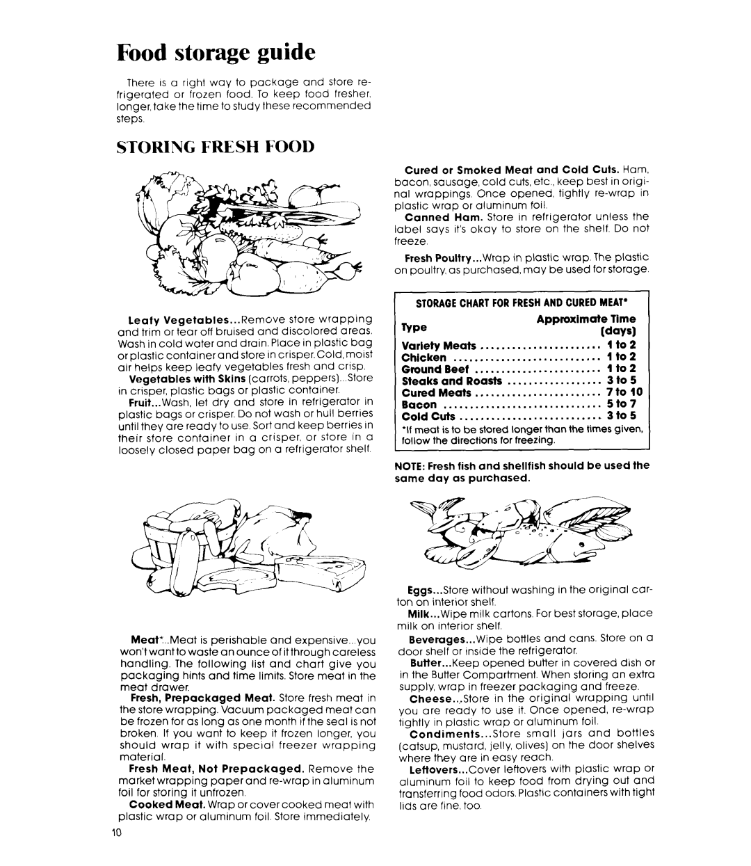 Whirlpool ETL8PK, ET18PM manual Food storage guide, Storagechart Forfreshand Curedmeat 