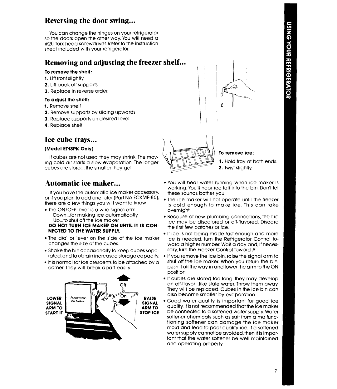 Whirlpool ET18PM Reversing the door swing, Removing and adjusting the freezer shelf, Ice cube trays, Automatic ice maker 