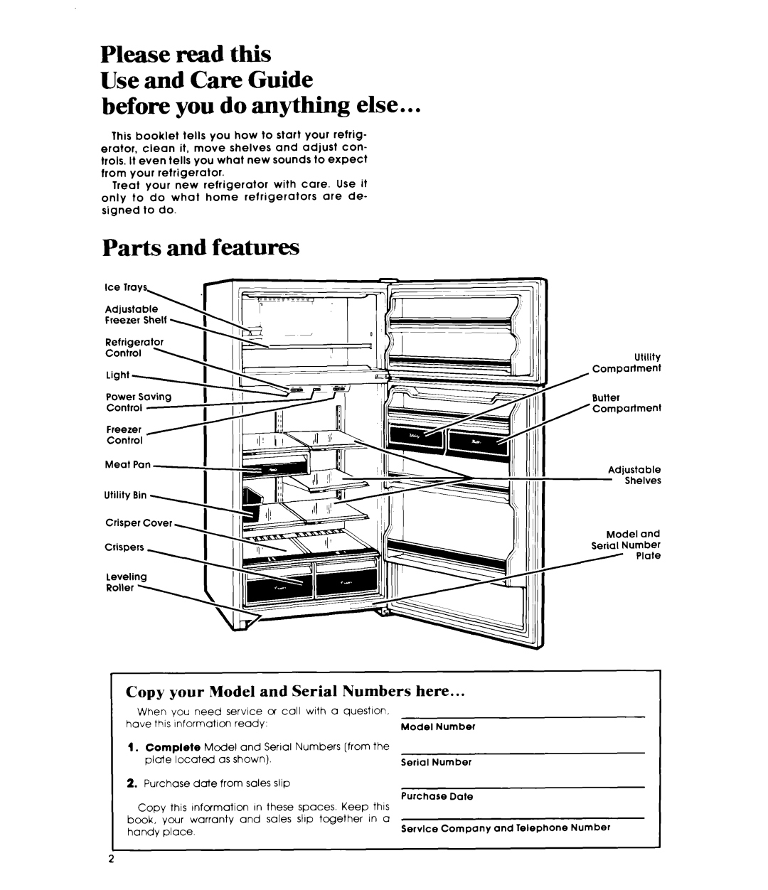 Whirlpool ETl8PKXP manual Before you do anything else, Parts and features, Copy your Model and Serial Numbers here 