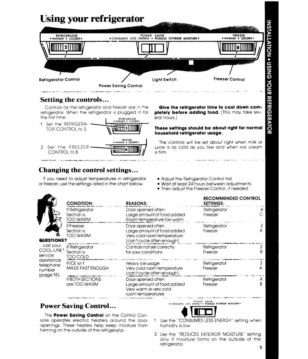 Whirlpool ETl8PKXP Using your refrigerator, Setting the controls, Changing the control settings, Power Saving Control 