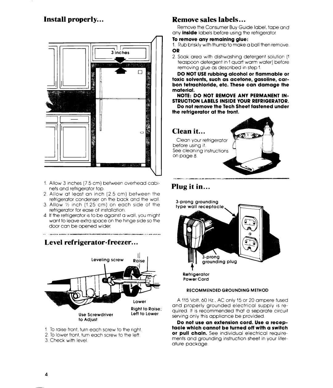 Whirlpool ETl8PKXP manual Install properly, sales labels, Clean it, Plug it in, Level refrigerator-freezer, Remove 