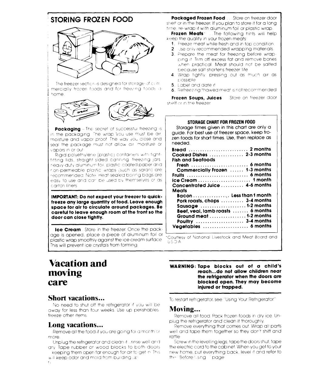 Whirlpool ETl8SC manual Short vacations, Long vacations, Moving, Storagechartforfrozenfood 