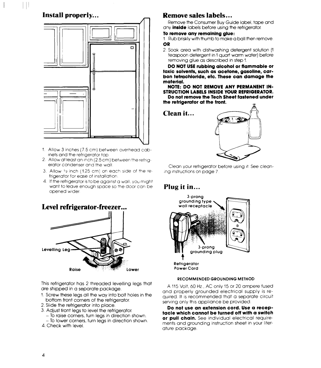 Whirlpool ETl8SC manual I 1I’, Install properly, Remove sales labels, Clean it, Level refrigerator-freezer, Plug it in, 111 