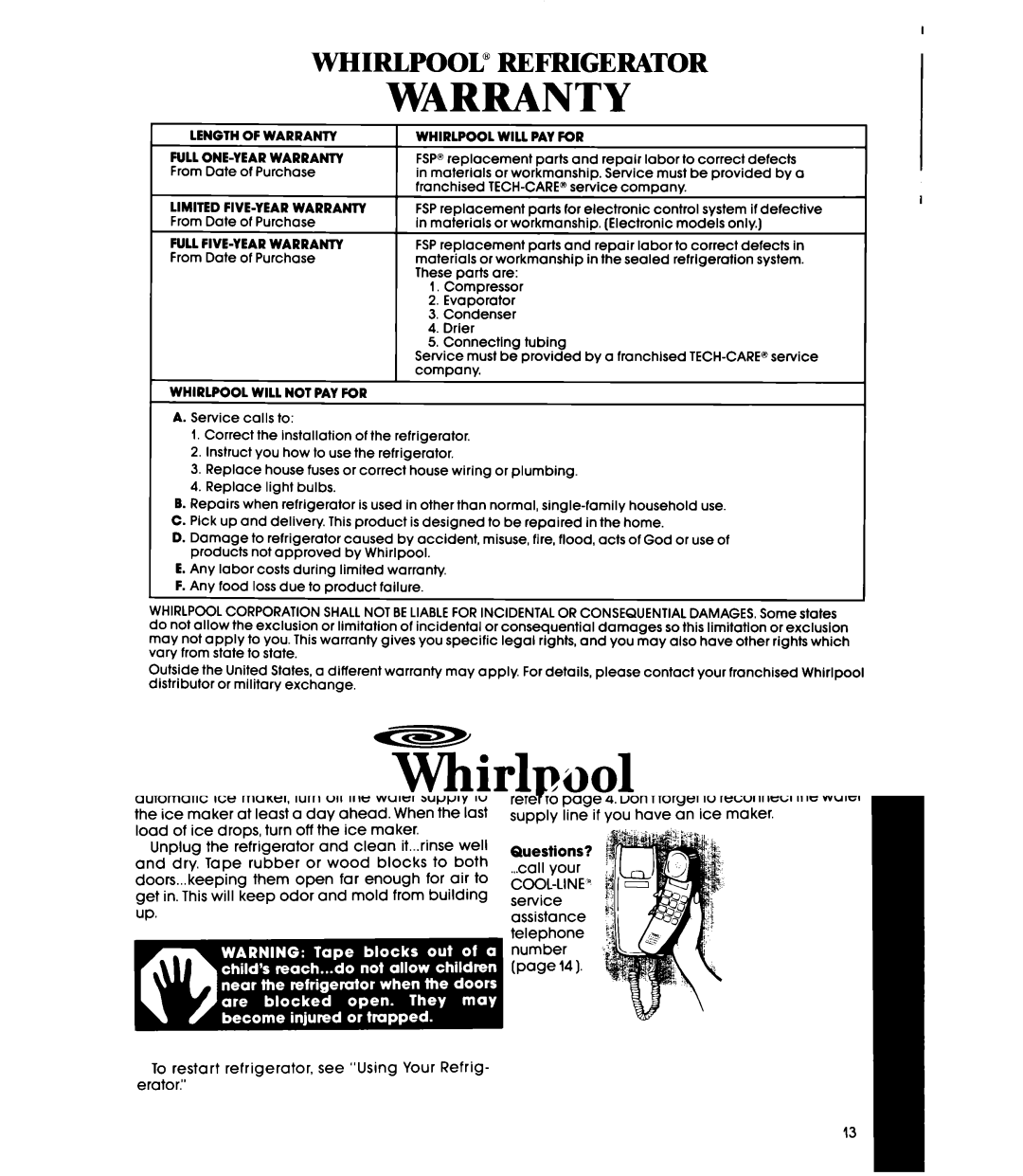 Whirlpool ETl8SK manual Warranty 