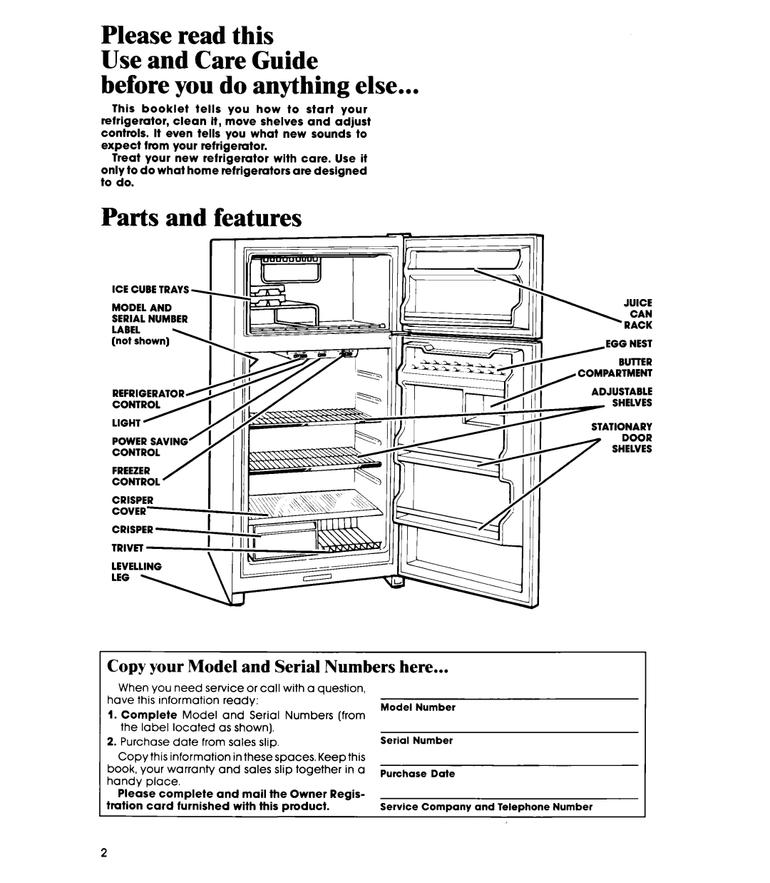 Whirlpool ETl8SK manual Before you do anything else, Copy your Model and Serial Numbers here 