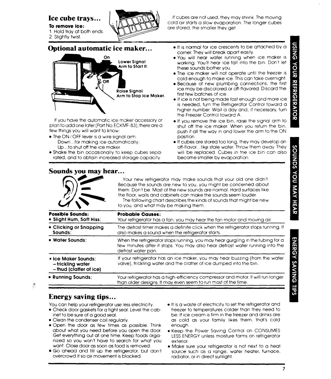 Whirlpool ETl8TK manual Ice cube trays, Optional automatic ice maker, Sounds you may hear, Energy saving tips 