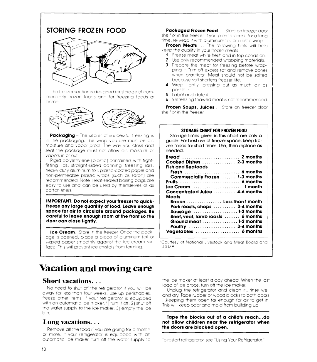 Whirlpool ETl8TK manual Vacation and moving care, Storing Frozen Food, Short vacations, Long vacations 