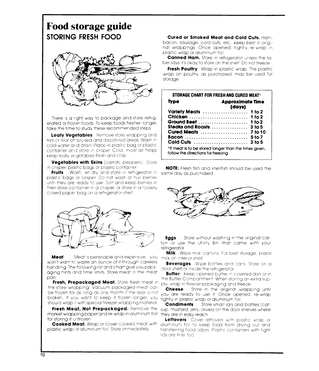 Whirlpool ETL8VK, ETl8XK manual Food storage guide, Wavsl, Storagechartforfreshand Curedmeat 