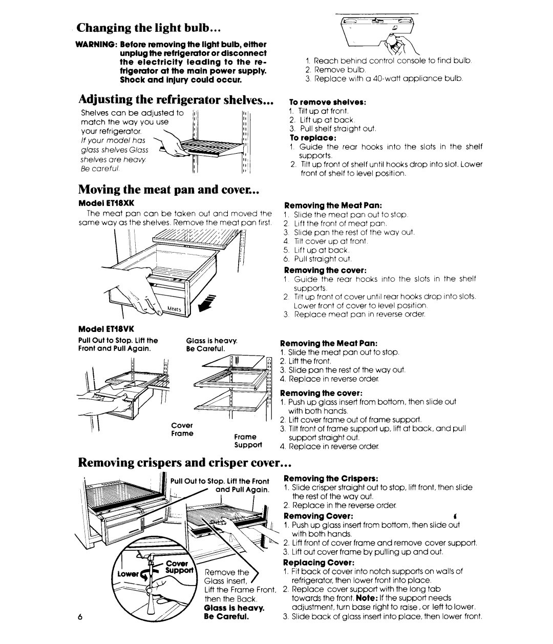 Whirlpool ETL8VK Adjusting the refrigerator shelves, Moving the meat pan and cover, Removing crispers and crisper cover 