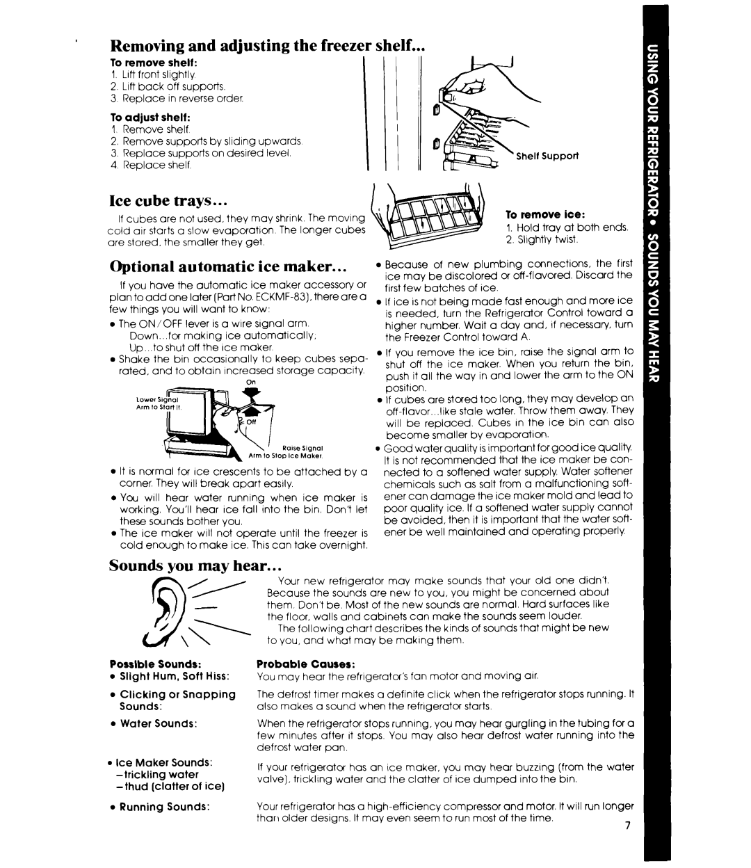 Whirlpool ETl8XK, ETL8VK manual Removing and adjusting the freezer shelf, Ice cube trays, Optional automatic ice maker 