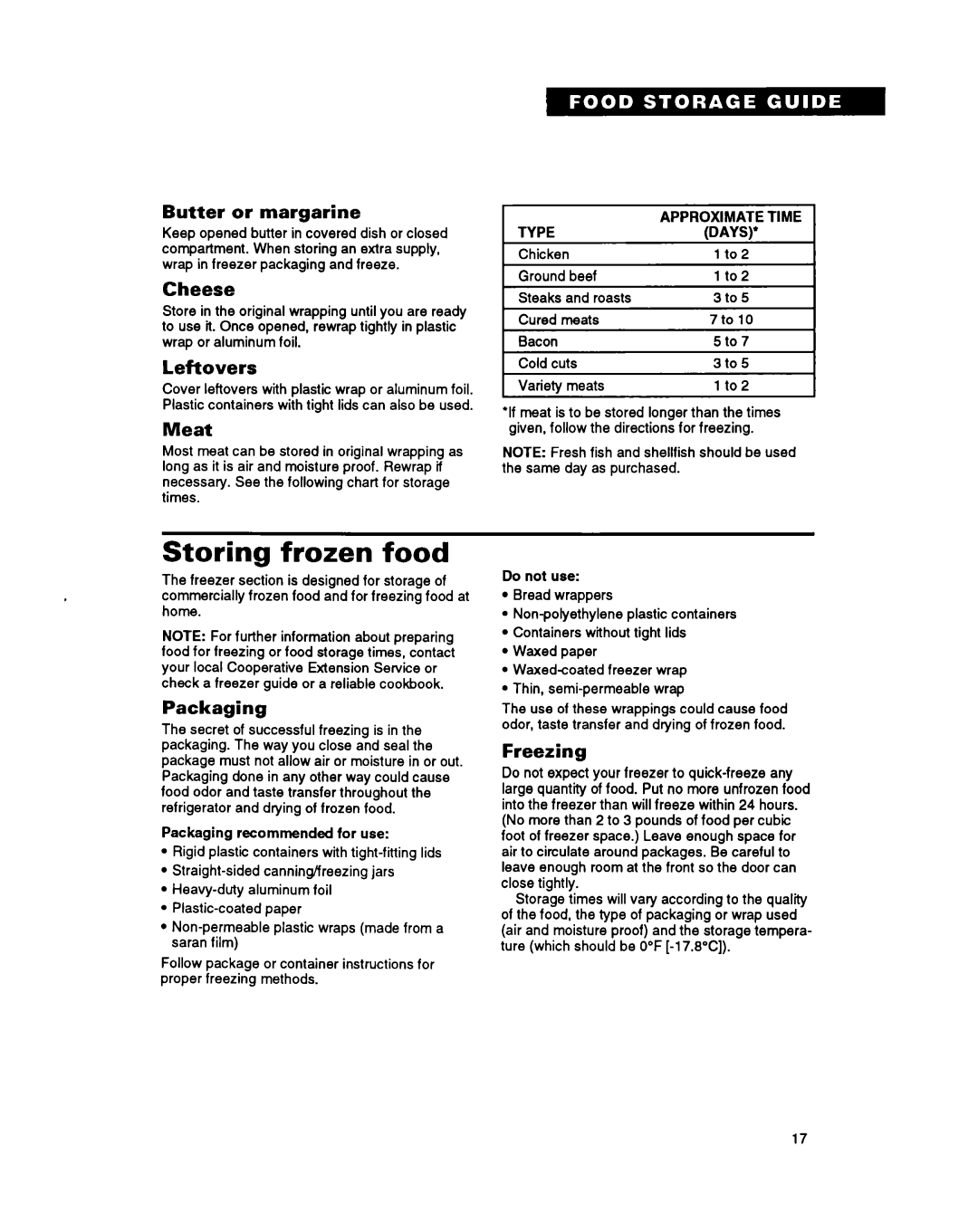 Whirlpool ETl8YK warranty Storing frozen food 