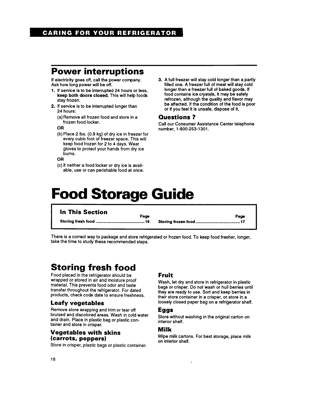Whirlpool ETl8YK Food Storage Guide, Power interruptions, Storing fresh food, Quest ions, Leafy vegetables, Fruit, Milk 