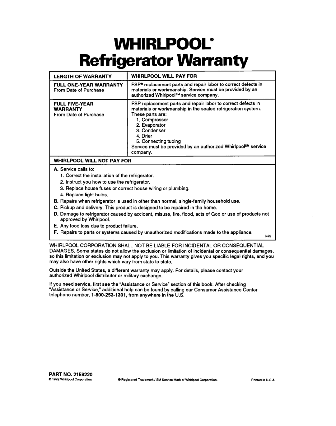 Whirlpool ETl8YK warranty WHIRLPOOL@ Refrigerator Warranty 