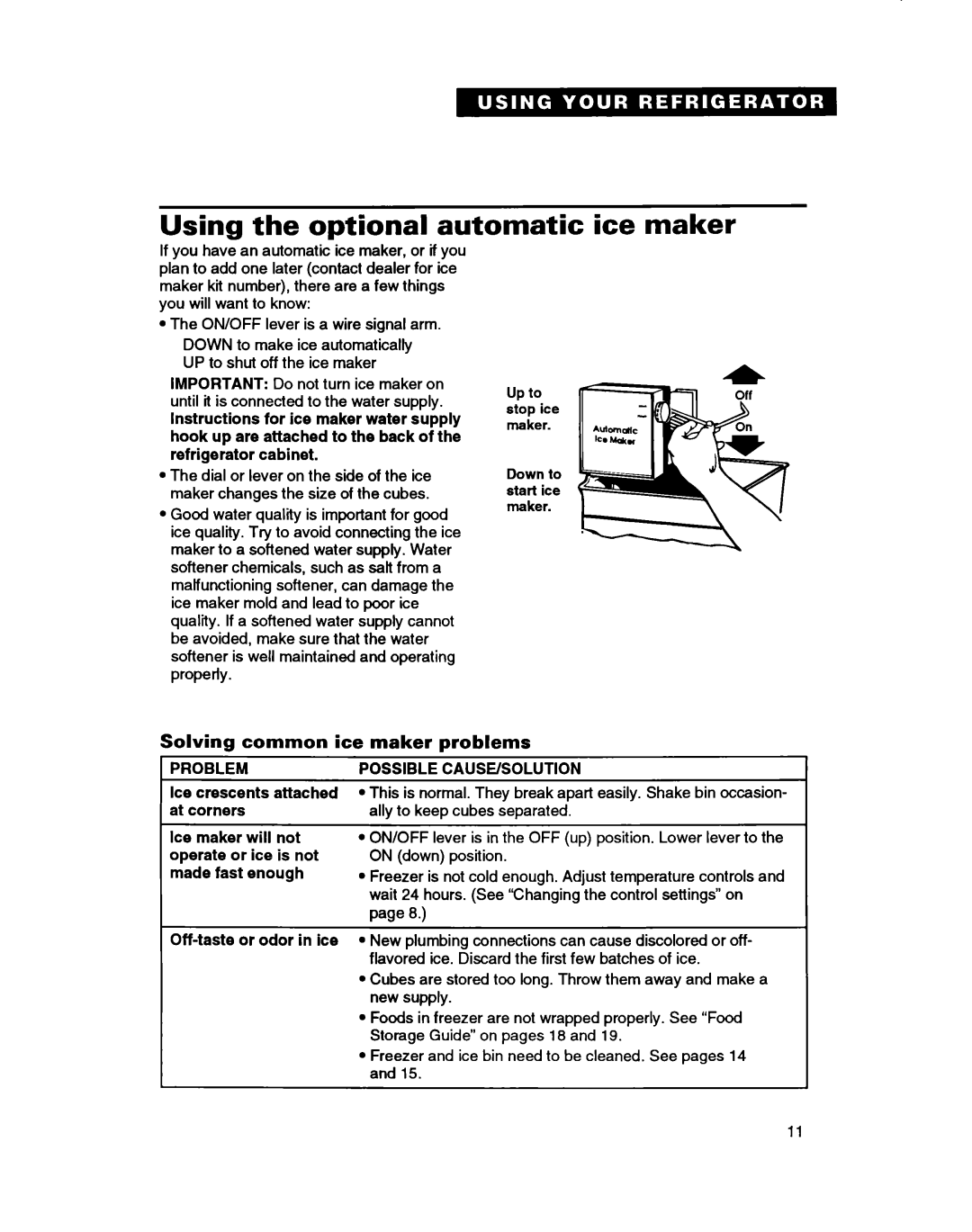Whirlpool ETZOZK, ETl8ZK Using the optional automatic ice maker, Solving common ice maker problems 