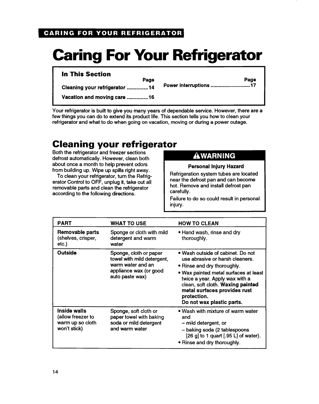 Whirlpool ETl8ZK, ETZOZK Caring For Your Refrigerator, Cleaning your refrigerator, In This, Section 