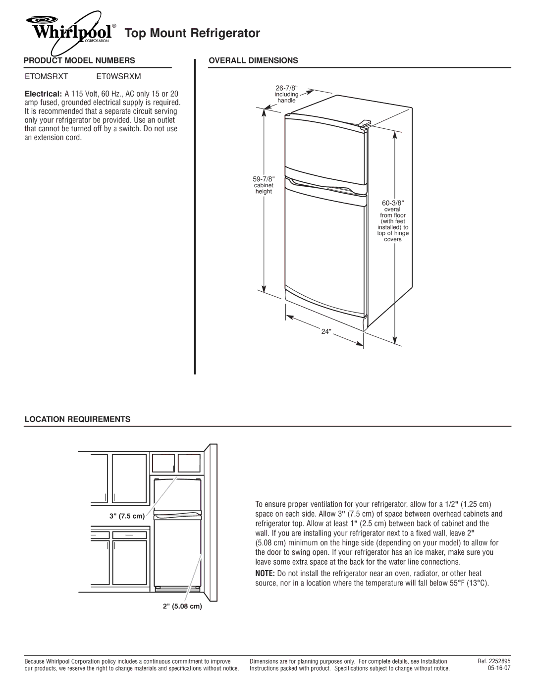 Whirlpool ETOMSRXT dimensions Top Mount Refrigerator, Product Model Numbers, Etomsrxt ET0WSRXM, Overall Dimensions 