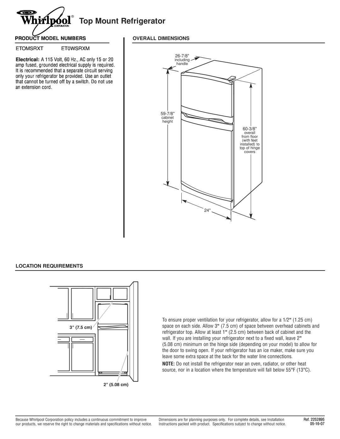 Whirlpool dimensions Top Mount Refrigerator, Product Model Numbers, ETOMSRXT ET0WSRXM, Overall Dimensions 