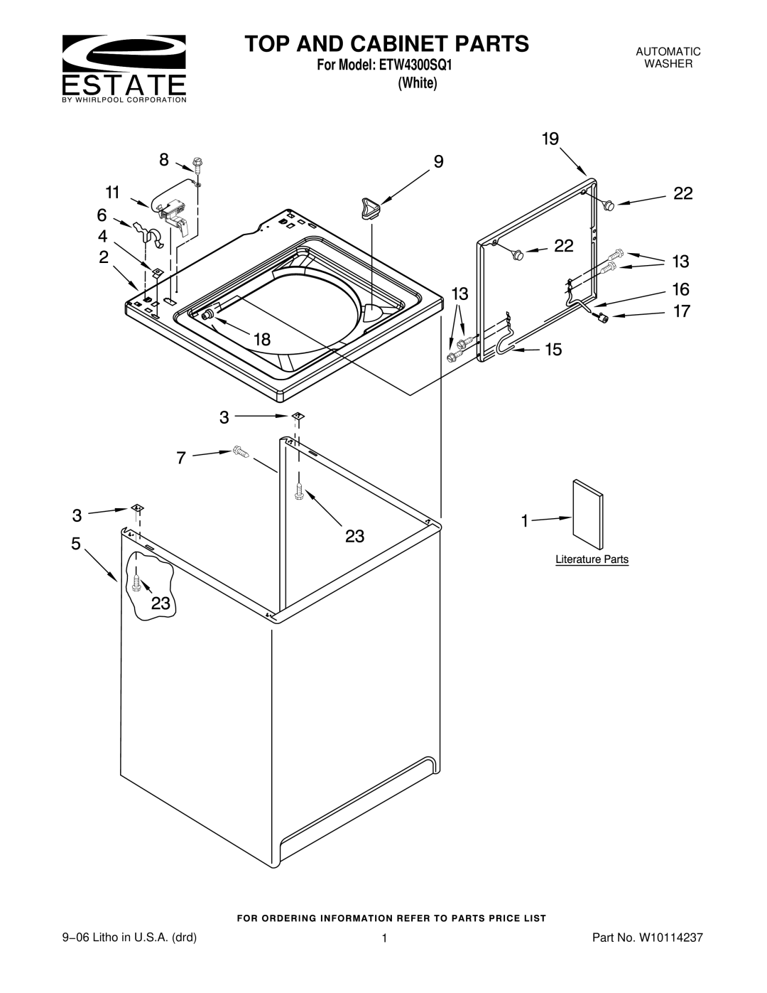 Whirlpool ETW4300SQ1 manual TOP and Cabinet Parts 