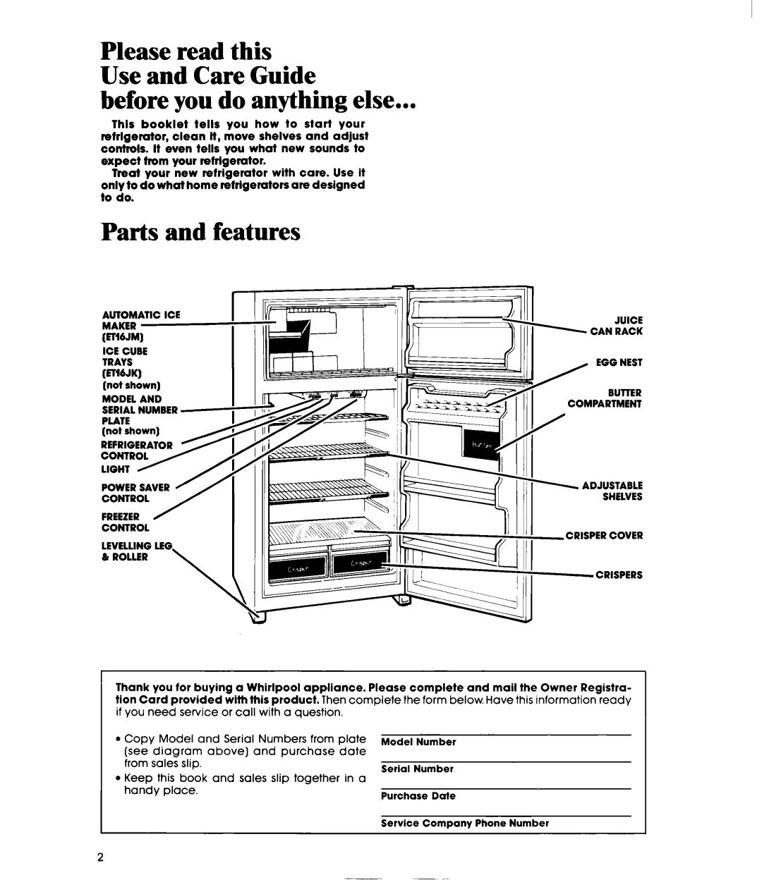 Whirlpool ETWK, ETl6JM manual Before you do anything else, Parts and features 