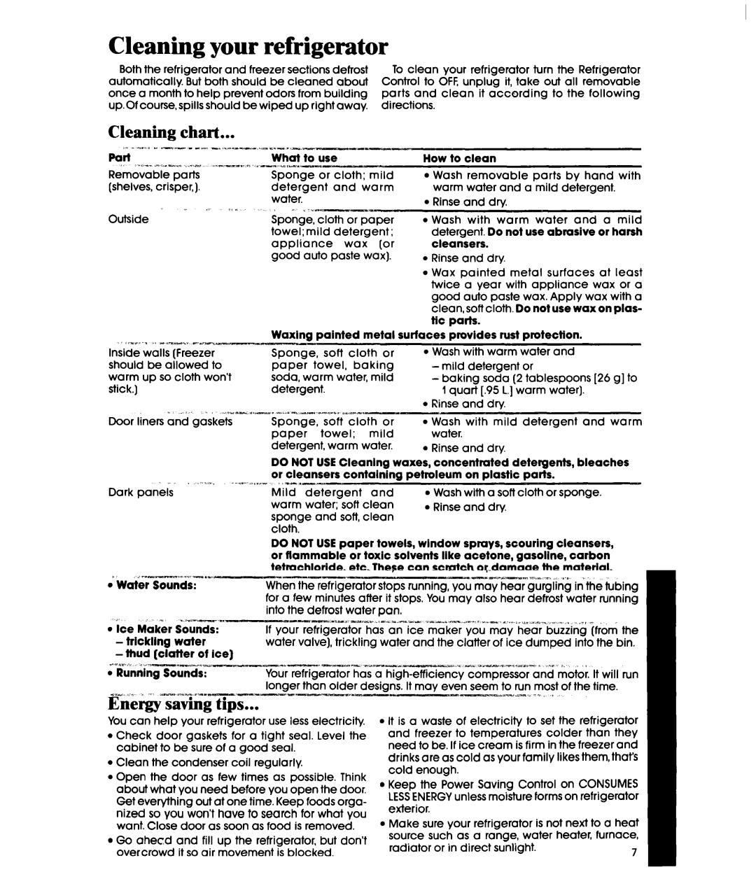 Whirlpool ETWK, ETl6JM manual Cleaning your refrigerator, Cleaning chart 3mz1.-I.-- WIjlWVIlll-mT,~-T~wr 