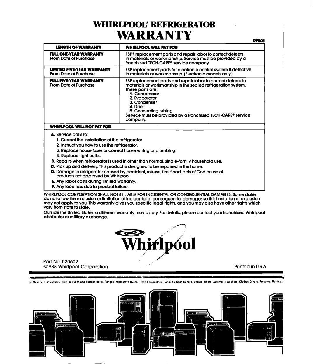 Whirlpool ETWK, ETl6JM manual Whirlpool@ Refrigerator, Lehgthofwarrahty, Warranty 