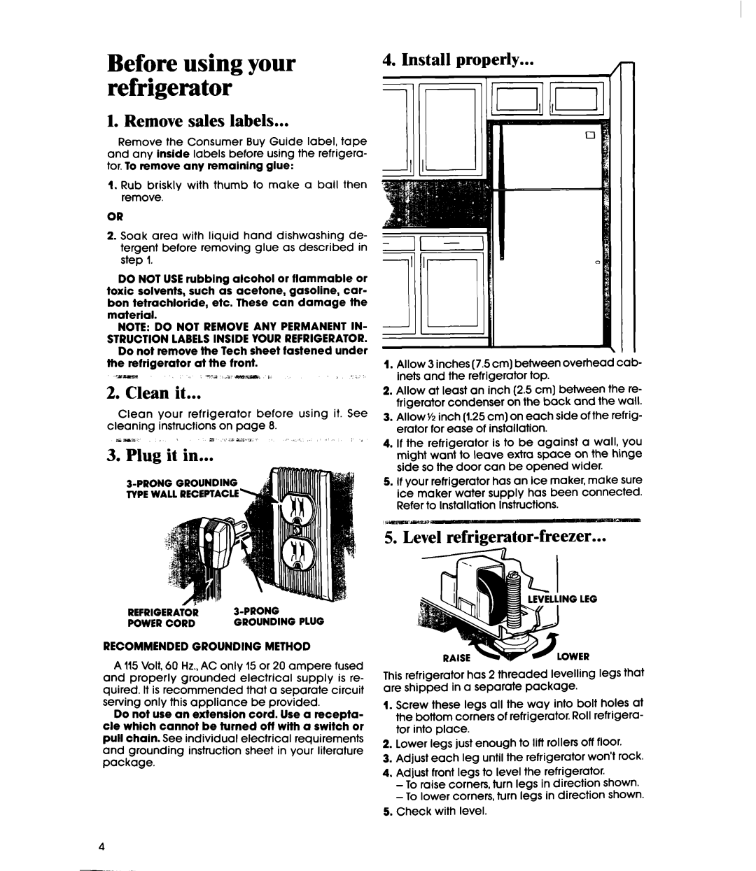 Whirlpool ETWK, ETl6JM manual Before using your refrigerator, Remove sales labels, Clean, Plug it in, Iustall properly 