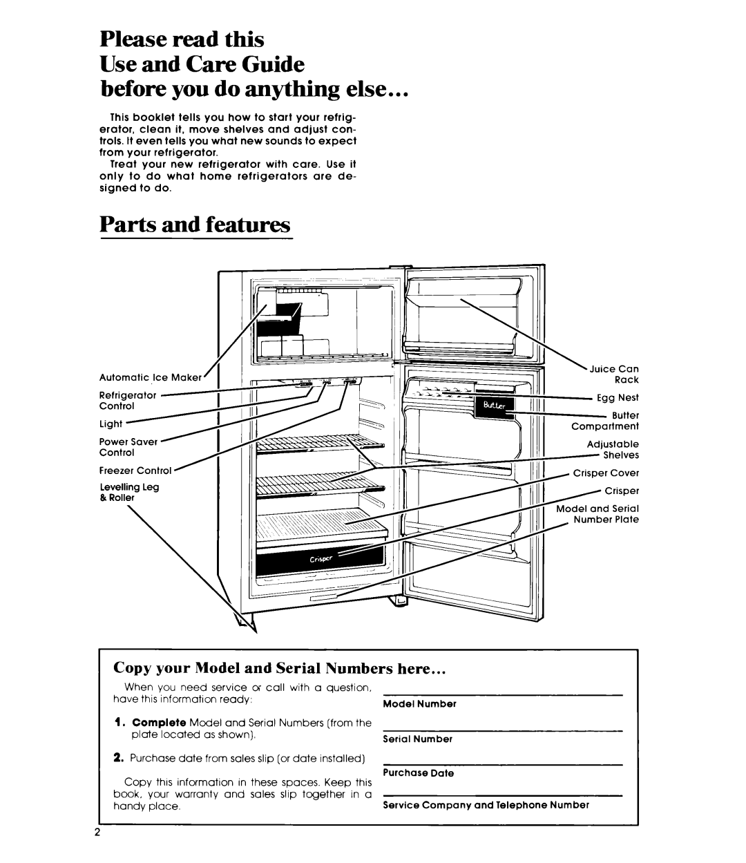 Whirlpool ETWM ws manual Before you do anything else, Parts and features, Copy your Model and Serial Numbers here 