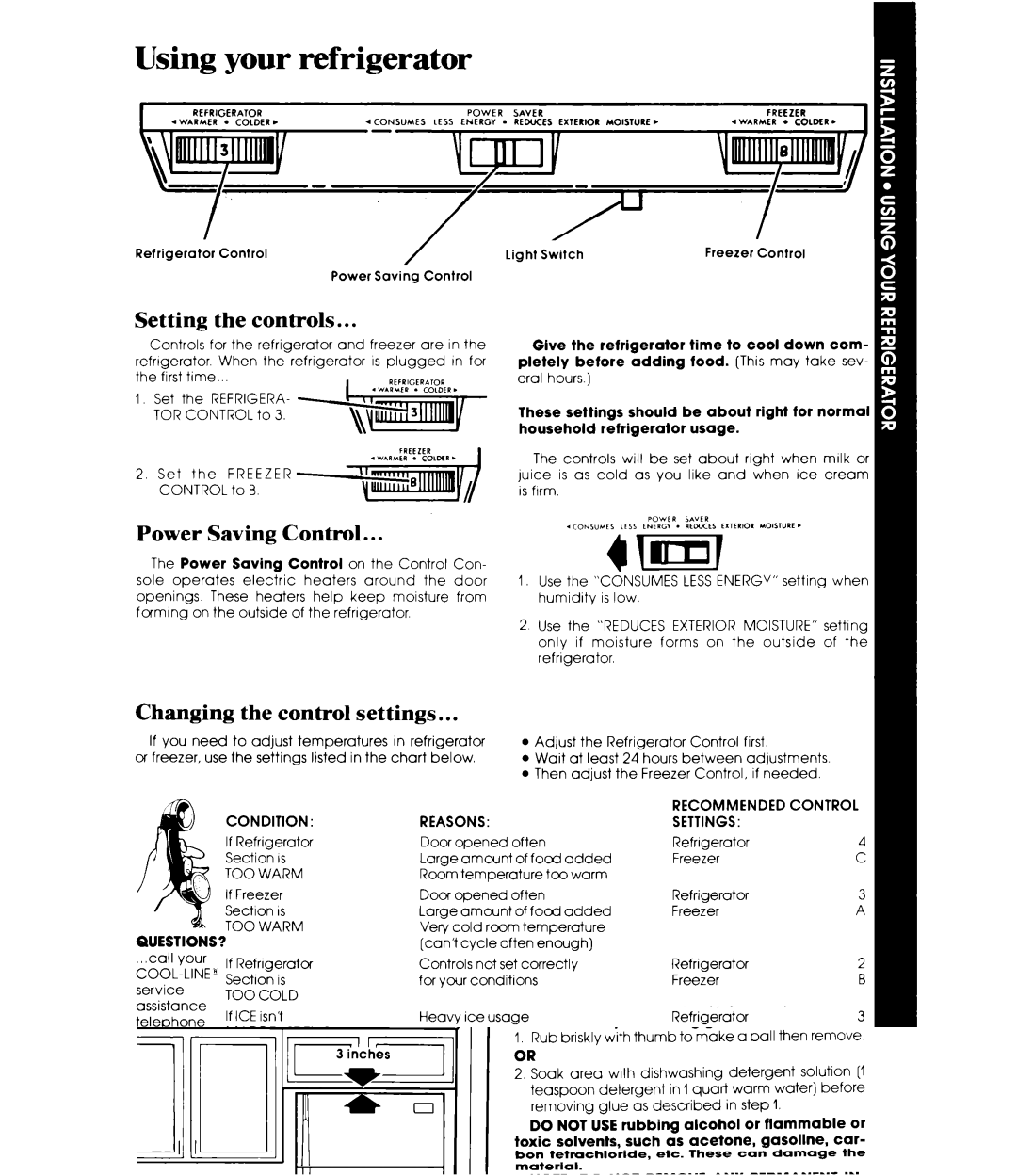 Whirlpool ETWM ws manual Using your refrigerator, Setting the controls, Power Saving Control, Changing the control settings 