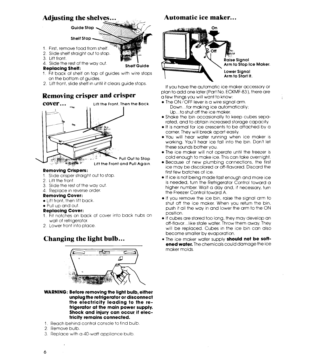 Whirlpool ETWM ws Adjusting the shelves GuideStoPh ‘--&h Jtsz27, Removing crisper and crisper, Changing the light bulb 