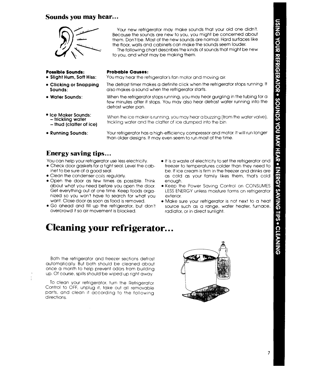 Whirlpool ETWM ws manual Cleaning your refrigerator, Energy saving tips, Water Sounds 