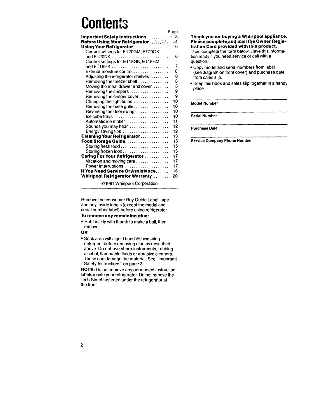 Whirlpool ETi8HK, ETZOGMET20GK, ETl8HM, EM8GK manual Contents 