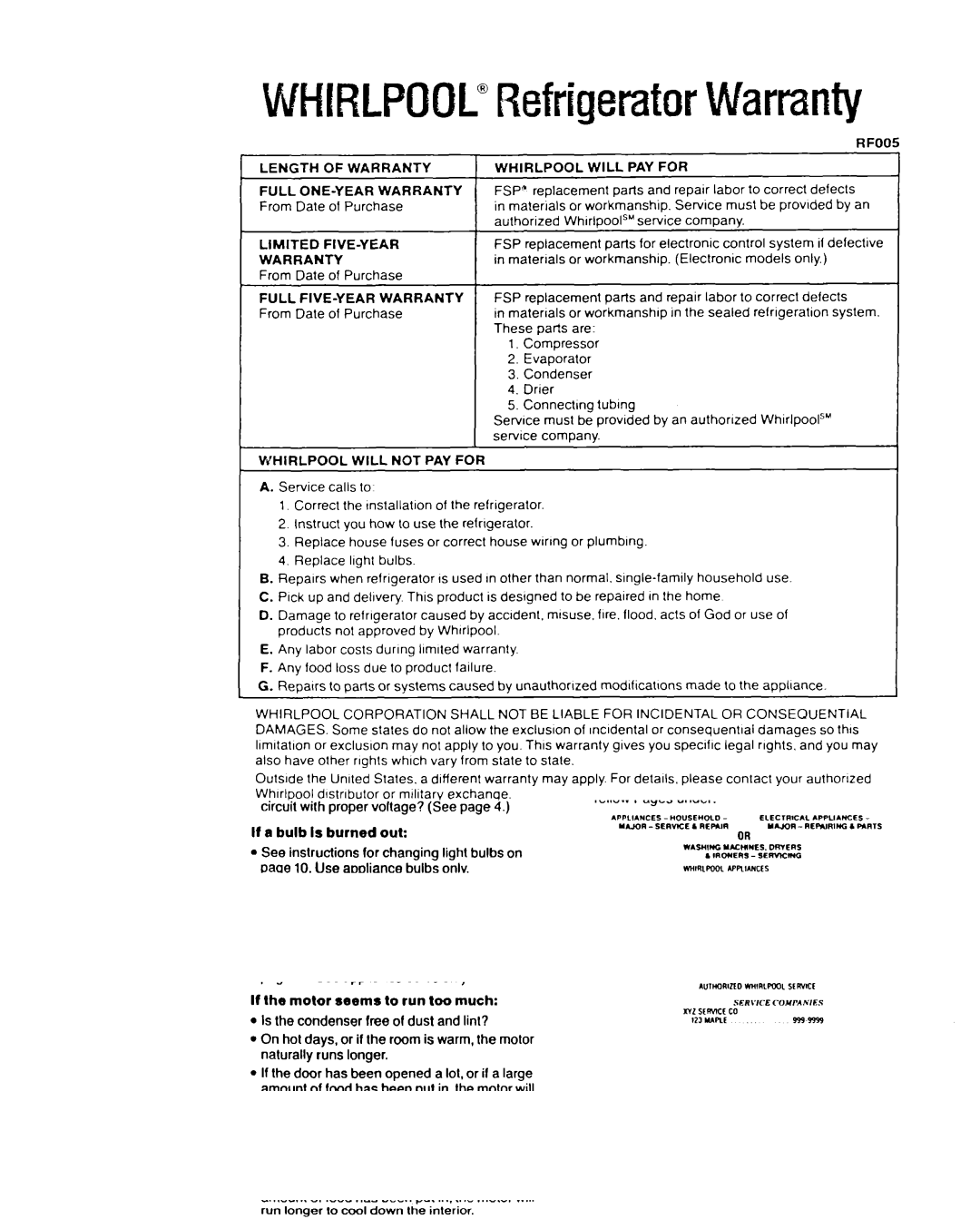 Whirlpool ETZOGMET20GK, ETl8HM manual Length of Warranty, Whirlpool will PAY for, Limited FIVE-YEAR, Full FIVE-YEAR Warranty 